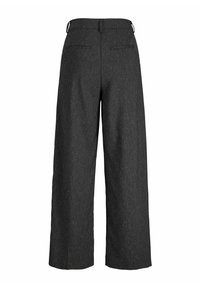 Pantalons taille haute en tissu texturé gris foncé, avec une taille haute, deux poches arrière et une finition lisse et ajustée.