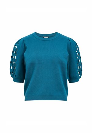 Teal striktrøje med korte ærmer, der har udskæringer på skuldrene. Blød tekstur med rund hals og tætsiddende kant.