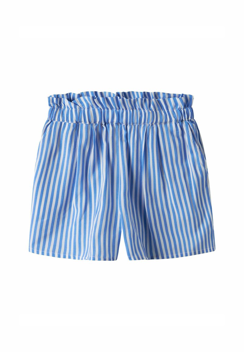 Blå- och vitrandiga shorts med elastisk midja och volangkant; har sidofickor och ett lätt tyg.