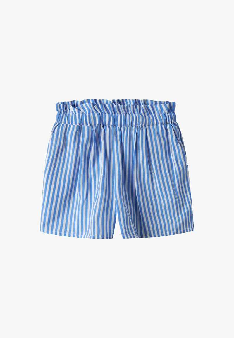 Blauwe en witte gestreepte shorts met een elastische tailleband en een rimpelrand; heeft zijzakken en een lichtgewicht stof.