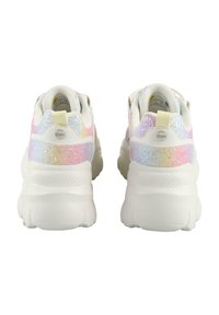 White sneakers with iridescent, glittery accents on the upper. Cushioned sole and textured heel, featuring minimal branding details.