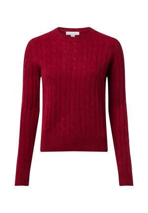 Rot gestrickter Pullover aus weichem Material, mit Rundhalsausschnitt und gerippten Bündchen und Saum. Klassische Passform mit strukturierten Details.