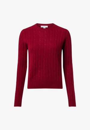 Rot gestrickter Pullover aus weichem Material, mit Rundhalsausschnitt und gerippten Bündchen und Saum. Klassische Passform mit strukturierten Details.