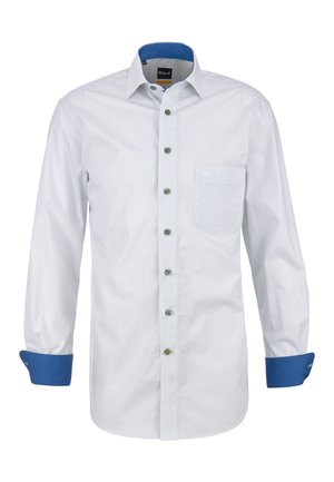 Camicia da uomo bianca con piccoli puntini neri, colletto interno e polsini blu, chiusura frontale con bottoni e taschino sul lato sinistro del petto.