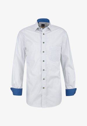 Chemise habillée blanche pour hommes avec petits points noirs, col et poignets intérieurs bleus, devant boutonné et poche poitrine gauche.