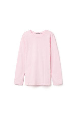 Hellrosa, langärmliges T-Shirt mit Rundhalsausschnitt, schlichtes Design, flach auf weißem Hintergrund dargestellt.
