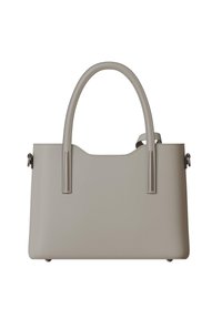 Graue Lederhandtasche mit strukturiertem Design, doppelten Griffen oben und einer glatten Oberfläche. Verfügt über einen subtilen Wellenschnitt an der Oberseite.