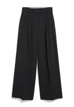 Pantalon noir taille haute à jambes larges avec plis devant, poches latérales, passants de ceinture et détail de ceinture boutonnée.
