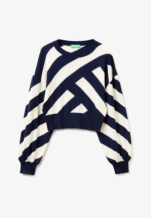 Sweter w paski w kolorze granatowym i kremowym, skrócony, z długimi rękawami w kształcie balonu i prążkowanymi mankietami. Wykonany z miękkiej dzianiny. O okrągłym dekolcie.