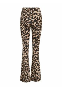 Beige, zwarte en bruine flared broek met luipaardprint. Gemaakt van zacht, rekbaar materiaal met een hoge tailleband en flared zoom.