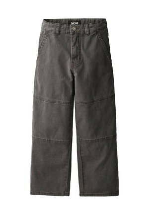 Pantalons en coton gris foncé avec une coupe large, des coutures visibles et deux panneaux de tissu horizontaux distincts sur chaque jambe.