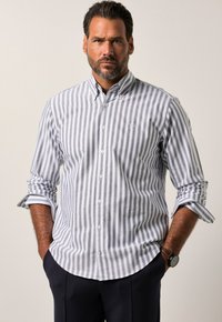 Camicia button-up grigia chiara con strisce verticali grigie scure, maniche lunghe arrotolate, tessuto di cotone e un piccolo logo ricamato sul petto.
