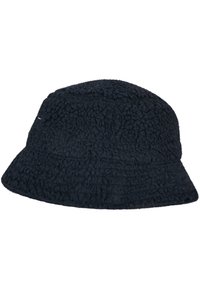 Sort fleece-bøttehat med en blød, tekstureret finish. Har en bred skygge og en let struktureret top for en rund form.