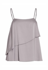 Top sin mangas de color gris claro con tirantes ajustables, con un diseño en capas que cae suavemente, hecho de una tela suave y brillante.