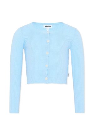 Jasnoniebieski prążkowany kardigan z długim rękawem, z pięcioma białymi guzikami i okrągłym dekoltem, z metką "Molo" przy kołnierzu.