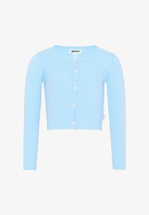 Cárdigan de manga larga acanalado de color azul claro con cinco botones blancos y escote redondo, etiquetado "Molo" en el cuello.