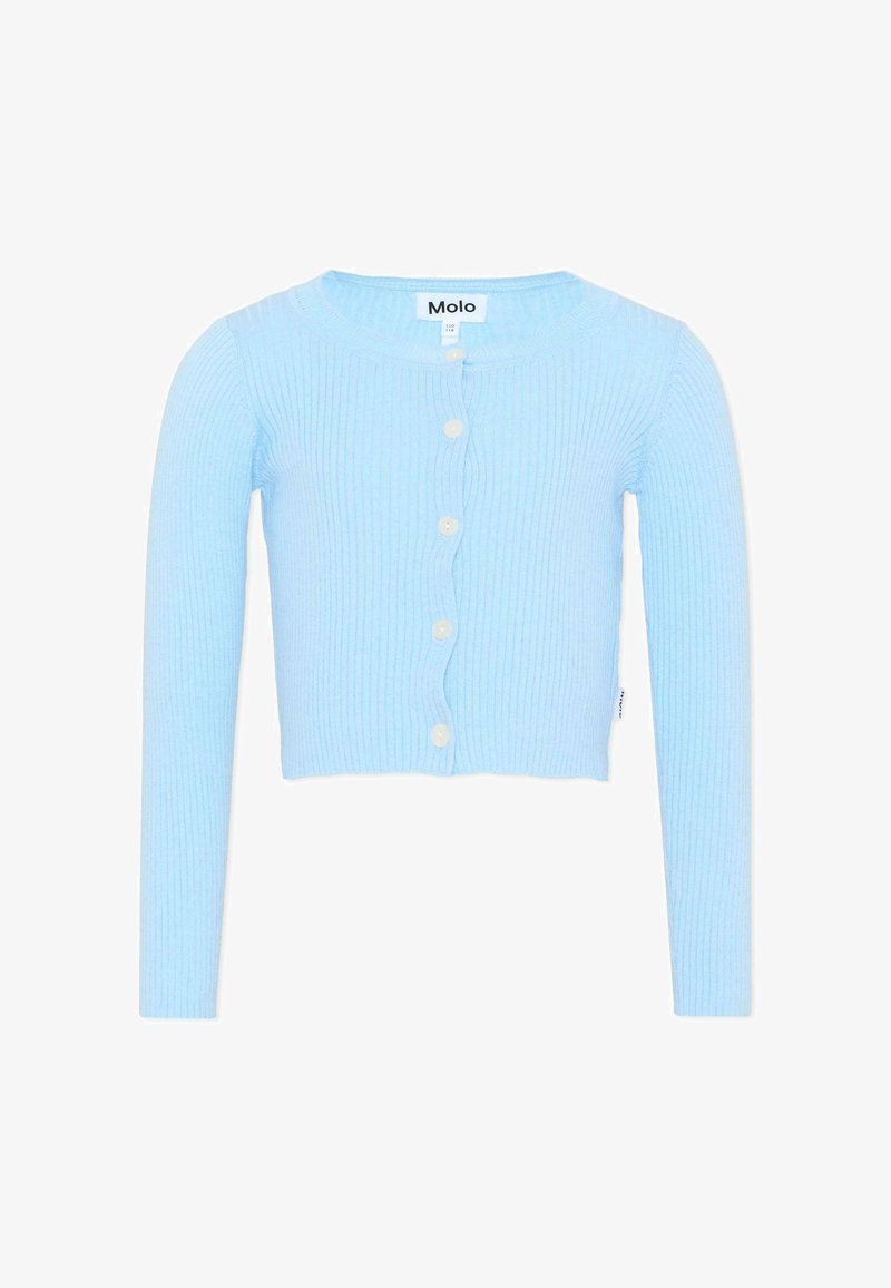 Cardigan bleu clair côtelé à manches longues avec cinq boutons blancs et col rond, étiqueté "Molo" au niveau du col.