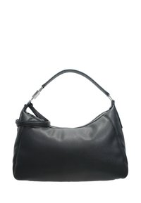 Borsa a spalla in pelle nera con silhouette curva, manico singolo e dettaglio logo discreto. Presenta una chiusura con zip e una texture liscia.
