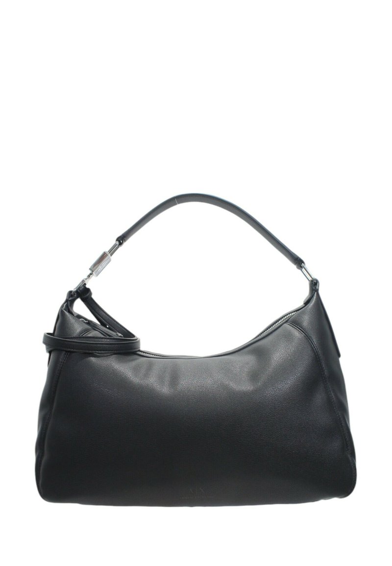 Borsa a spalla in pelle nera con silhouette curva, manico singolo e dettaglio logo discreto. Presenta una chiusura con zip e una texture liscia.