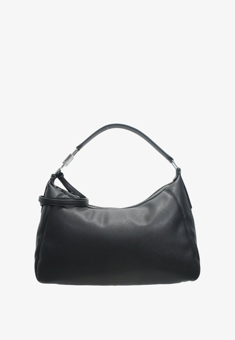 Borsa a spalla in pelle nera con silhouette curva, manico singolo e dettaglio logo discreto. Presenta una chiusura con zip e una texture liscia.