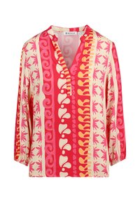 Long-sleeve blouse with a V-neck in a light fabric. Features bold patterns in red, pink, and yellow, with gathered cuffs and placket detailing.