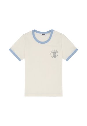 Kremfarvet T-shirt med korte ærmer og lyseblå kant i hals og ærmer, med lille sort tennis klub-logo på venstre bryst.