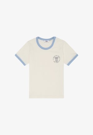 Kremfarvet T-shirt med korte ærmer og lyseblå kant i hals og ærmer, med lille sort tennis klub-logo på venstre bryst.