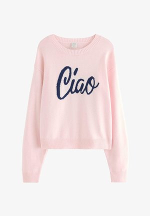 Maglione rosa in maglia con maniche lunghe, caratterizzato da una grafica "Ciao" in blu scuro. Orlo e polsini a coste, texture morbida. Design corto.