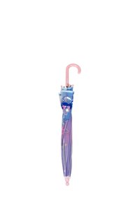 Opgevouwen kinderparaplu met een roze gebogen handvat, bedekt met blauwe en paarse stof met een patroon van een cartoonbeer en sterren.