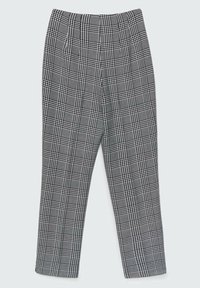 Zwart-witte geblokte broek met een rechte snit, voorzien van plooien, een gladde textuur en een hoge taille.