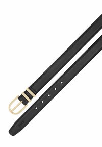 Czarny skórzany pasek o teksturowanym wykończeniu, z złotą metalową klamrą i pięcioma otworami do regulacji. Gładkie krawędzie z ostrym końcem.