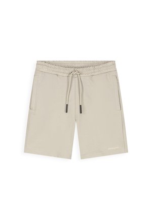 Beige korte broek met elastische tailleband, trekkoord met zwarte uiteinden, zijzakken en klein "BALLIN'" logo op de zoom van het linkerbeen.