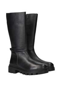 Zwarte leren kniehoogse laarzen met chunky profielzolen, ronde neuzen en een gladde, gestructureerde afwerking op een witte achtergrond.