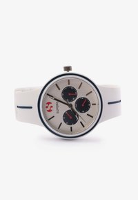 White silicone watch with round silver face, navy accents, three sub-dials, red hands, and a textured bezel. Brand logo visible on the dial.