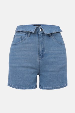 Lichte blauwe high-waisted denim shorts. Voorzien van een rafelige tailleband, twee voorzakken en een gladde, gestructureerde stoftextuur.