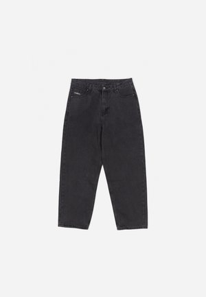 Black high-waisted denim jeans with a relaxed fit, five pockets, and a button closure. Features visible stitching and subtle branding.