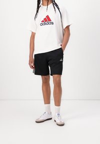 Camiseta blanca de algodón con el logo de Adidas en rojo y azul, combinada con pantalones cortos negros con franjas laterales. Lleva puestos unos zapatillas blancas y grises.
