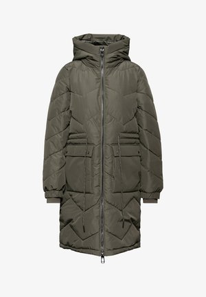 Langer olivgrüner, gepolsterter Wintermantel mit Frontreißverschluss, Kapuze, zwei Klapptaschen mit Druckknöpfen und verstellbaren Kordeln.