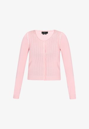 Lyserød cardigan med strikket tekstur og lodrette striber, scallop-halsudskæring, knaplukning foran og dekorative knapdetaljer på ærmerne.