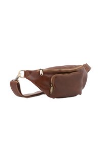 Marsupio in pelle marrone con una texture liscia, dotato di un ampio scomparto principale con zip e una tasca frontale più piccola. Accentuato con hardware dorato.