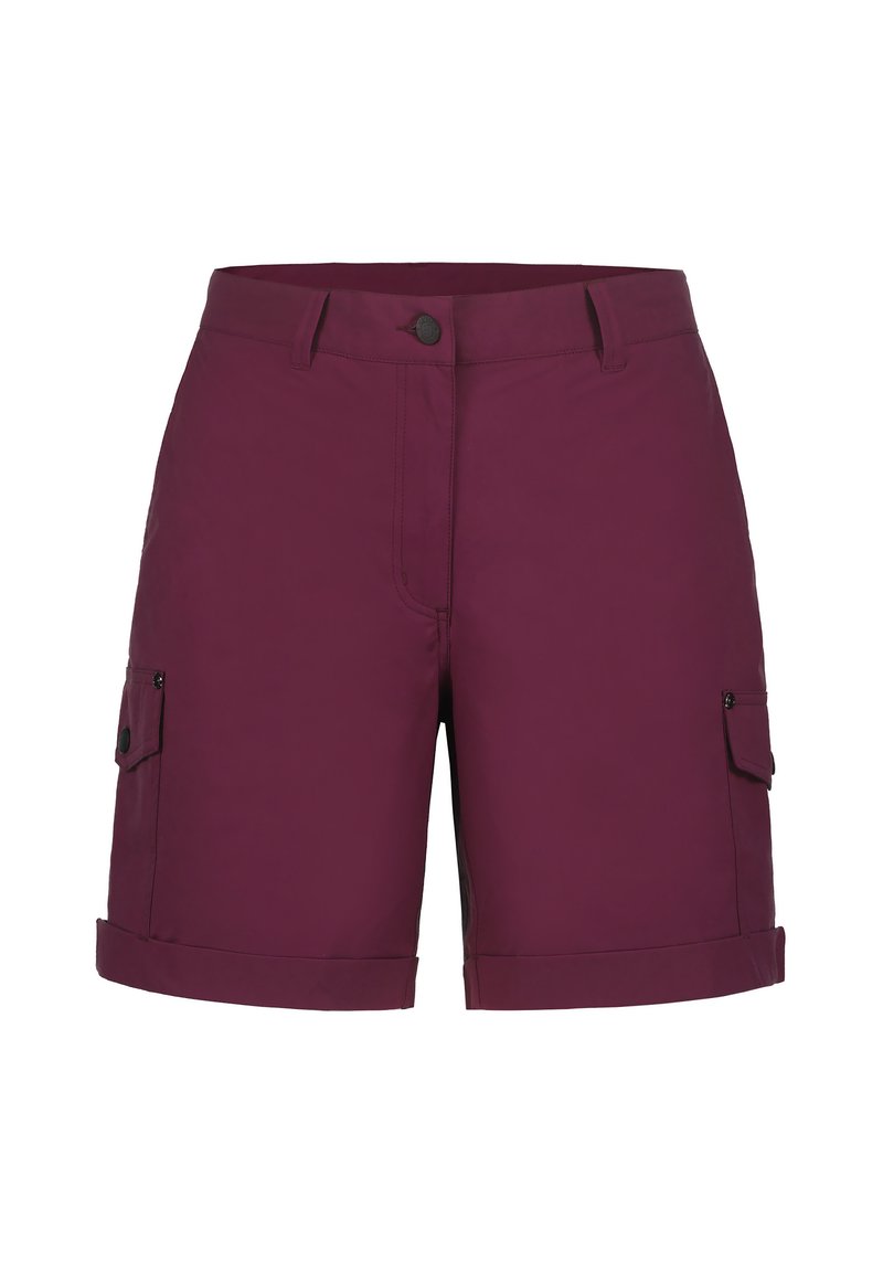 Burgundy cargo shorts yang terbuat dari kain ringan, menampilkan dua kantong samping, cuff yang digulung, dan penutupan kancing di bagian depan.