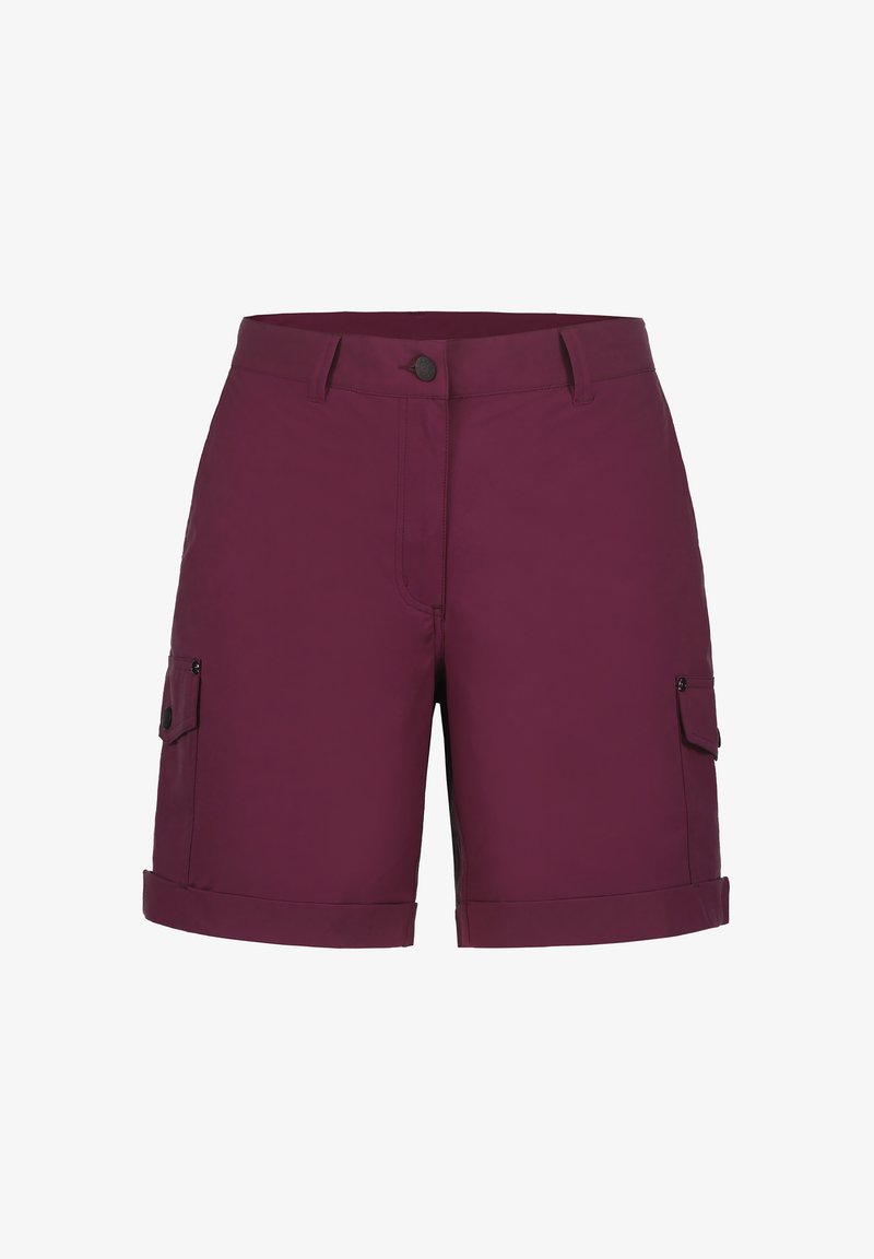 Burgunderfarbene Cargo-Shorts aus leichtem Stoff, mit zwei Seitentaschen, umgeschlagenen Bündchen und einem vorderen Knopfverschluss.