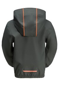 Waterdichte grijze jas met een capuchon, voorzien van oranje accentstrepen op de achterkant en elastische manchetten voor een snug fit.