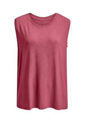 Ärmelloses, locker sitzendes Tanktop mit Rundhalsausschnitt in einfarbiger Staubrosafarbe mit weicher, leichter Stofftextur.