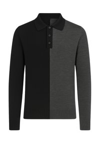 Polo a maniche lunghe da uomo con bottoni, diviso verticalmente con il lato sinistro in nero e il lato destro in grigio scuro.