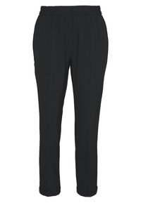 Pantalon noir en tissu léger avec une taille élastique, design à jambe fuselée et ourlets à revers. Aucun système de fermeture ou motif visible.