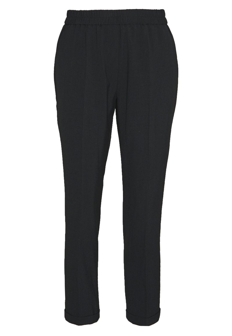 Pantalon noir en tissu léger avec une taille élastique, design à jambe fuselée et ourlets à revers. Aucun système de fermeture ou motif visible.