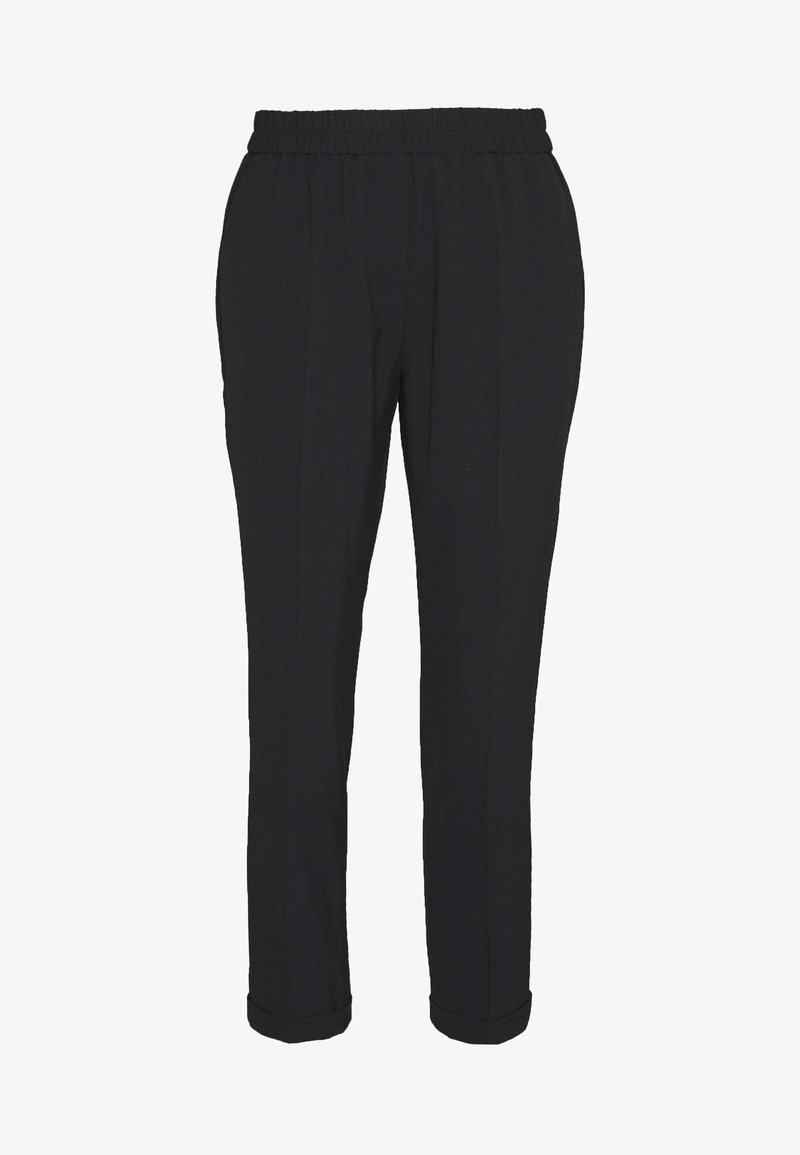 Pantalon noir en tissu léger avec une taille élastique, design à jambe fuselée et ourlets à revers. Aucun système de fermeture ou motif visible.