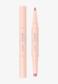 Dubbelzijdig lipproduct met een zachte roze huls. Aan de ene kant een lippotlodenpunt en aan de andere kant een romige lipkleur.