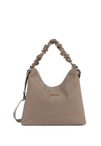 Borsa in nylon beige con design morbido, manico superiore arricciato, chiusura con zip e tracolla removibile. Presenta un dettaglio con logo sul davanti.